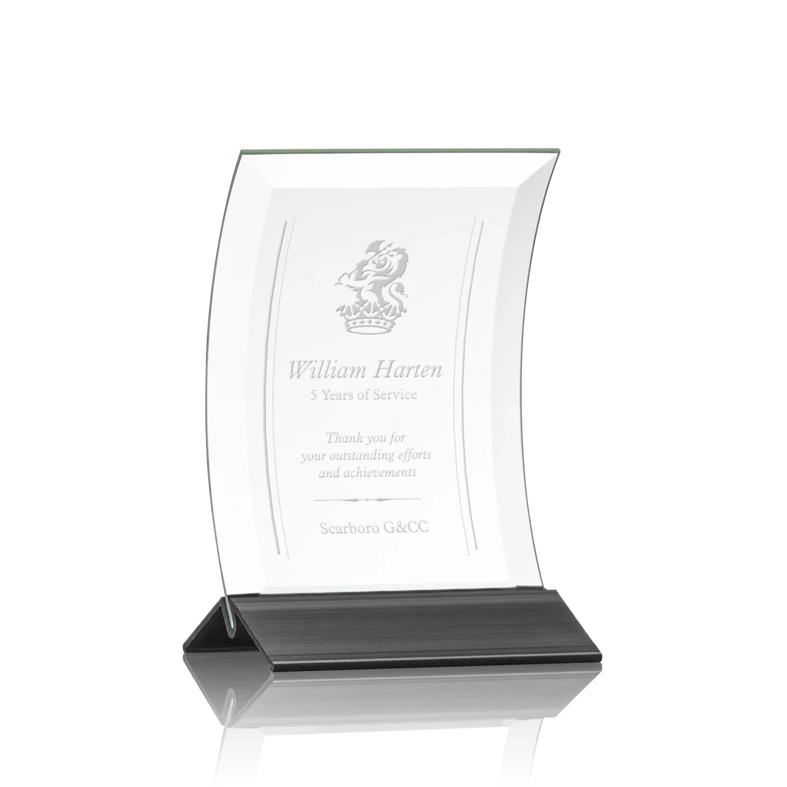 Personalized Curved Starfire Crystal Award on a Choice of Metal Bases for team milestone celebrations