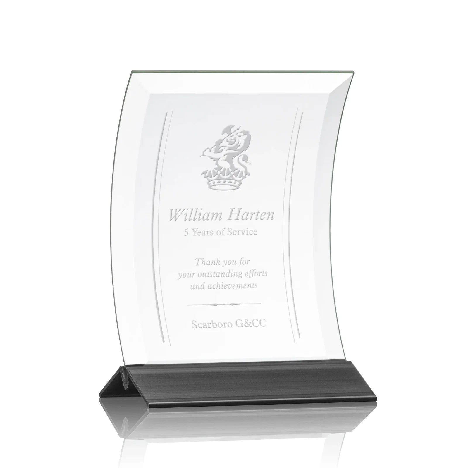 Personalized Curved Starfire Crystal Award on a Choice of Metal Bases for donor appreciation