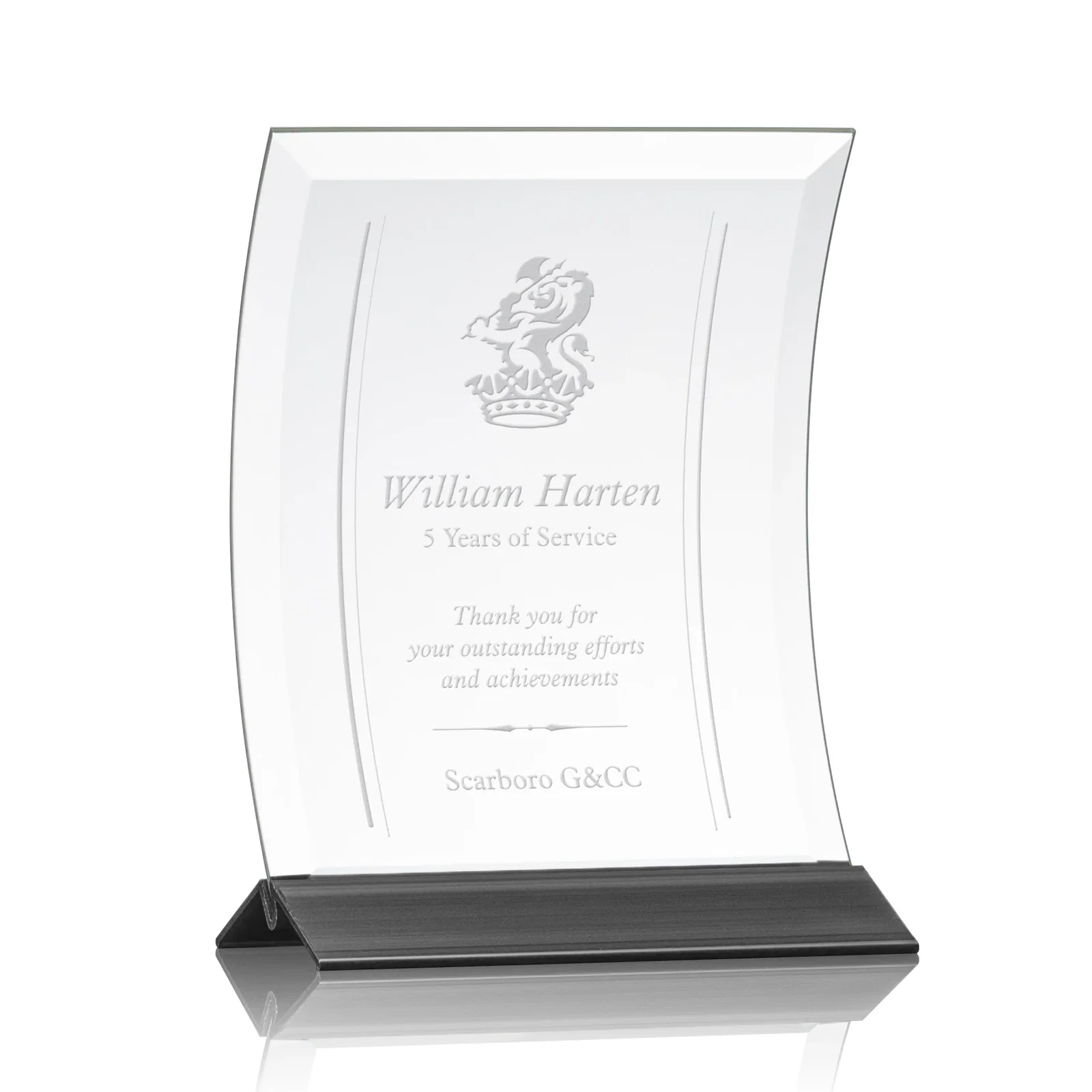 Personalized Curved Starfire Crystal Award on a Choice of Metal Bases for graduation ceremonies