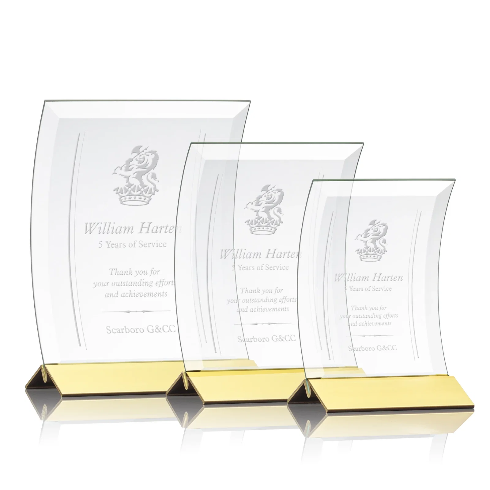 Personalized Curved Starfire Crystal Award on a Choice of Metal Bases for safety achievement programs