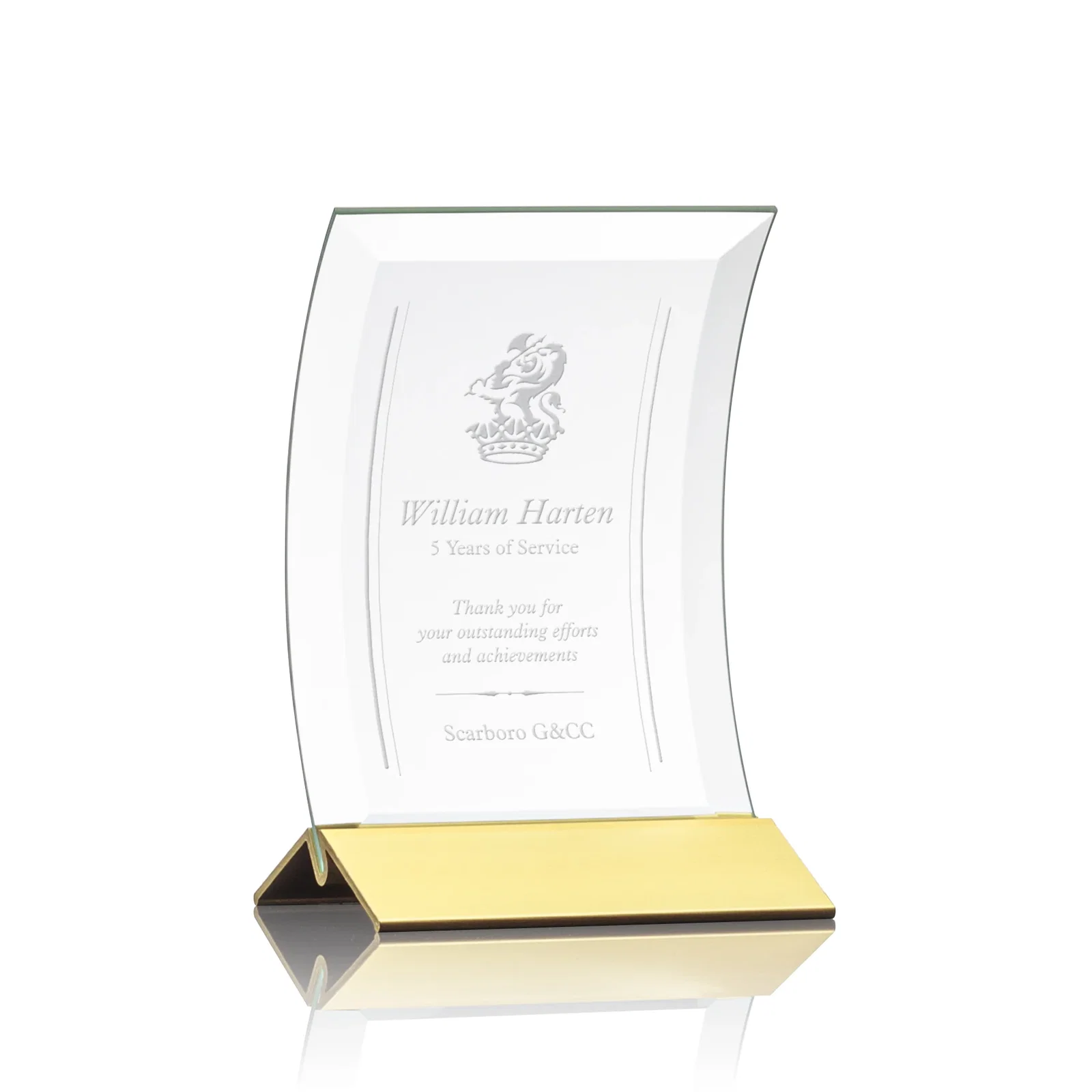 Personalized Curved Starfire Crystal Award on a Choice of Metal Bases for volunteer appreciation