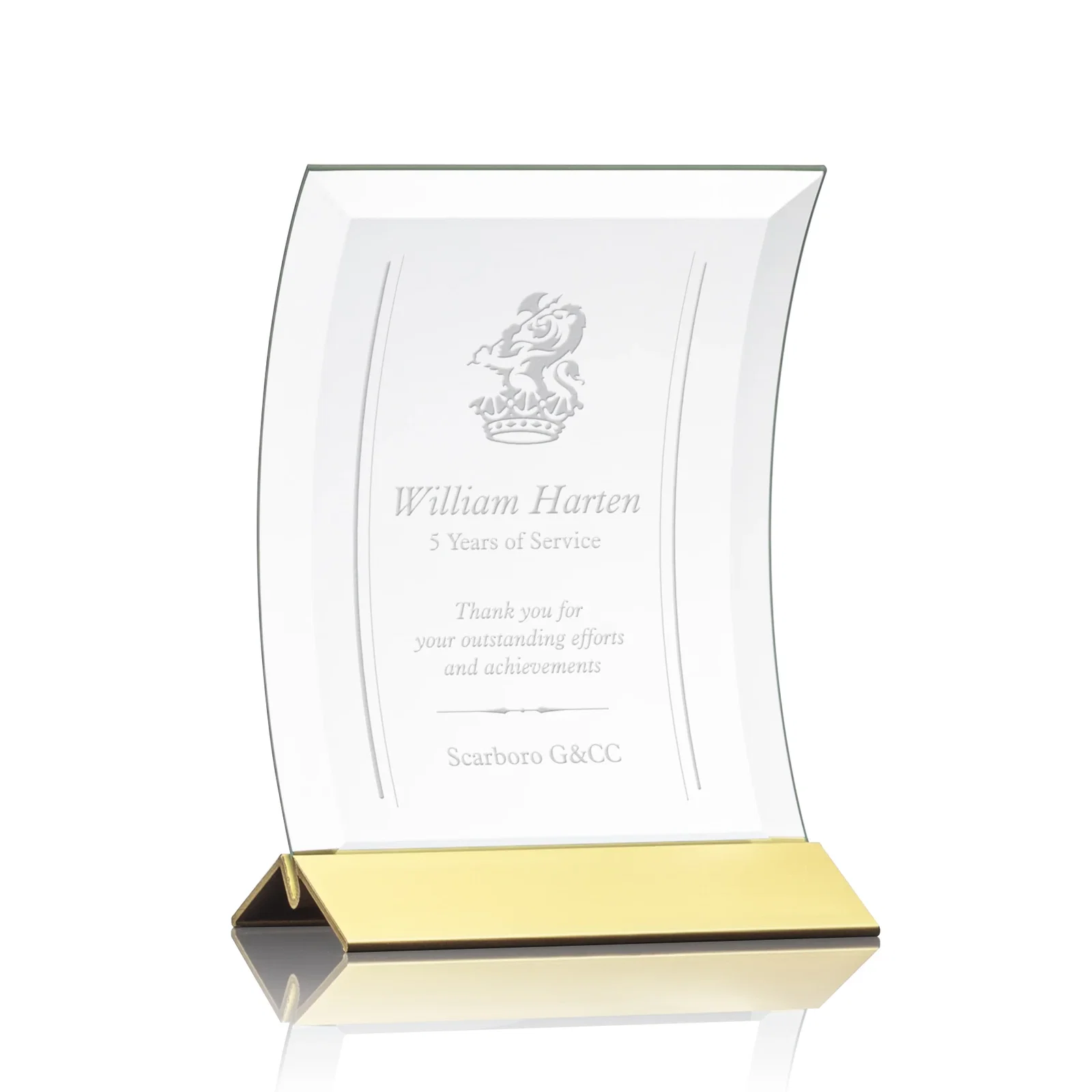 Personalized Curved Starfire Crystal Award on a Choice of Metal Bases for dealer and partner awards