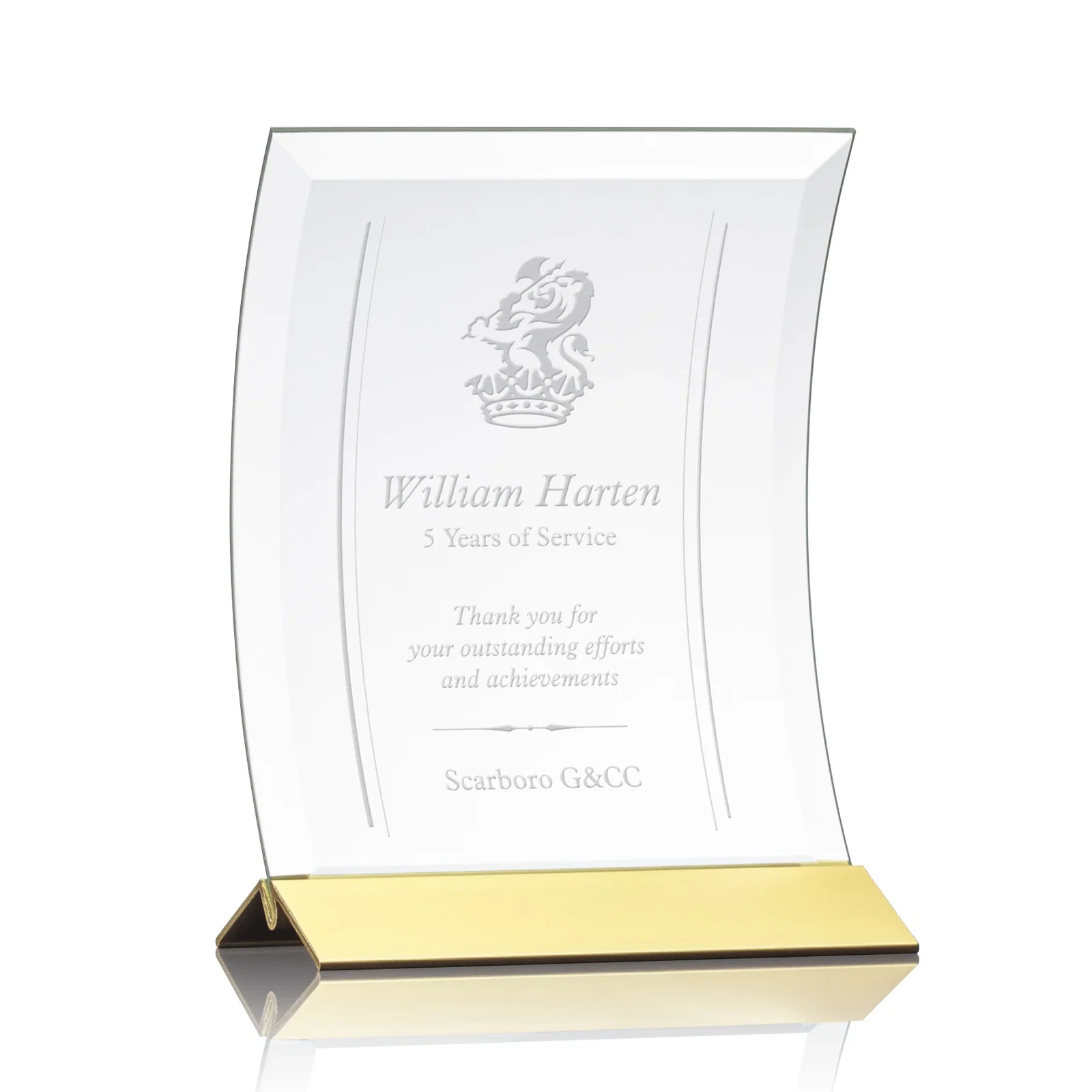 Personalized Curved Starfire Crystal Award on a Choice of Metal Bases for company anniversary events