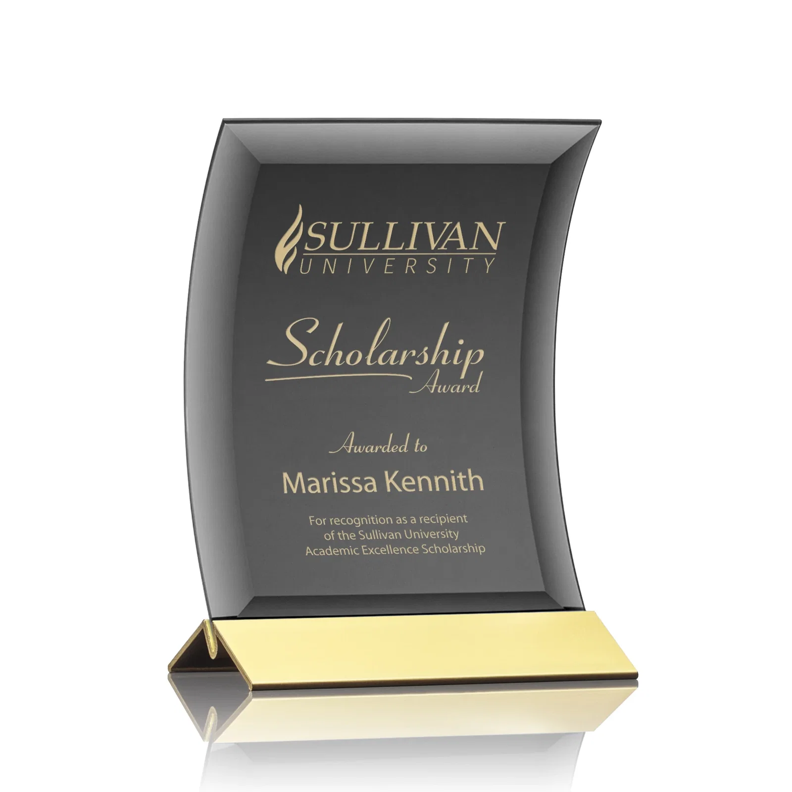 Custom Curved Black Starfire Crystal Panel Award on Metal Base for dealer and partner awards