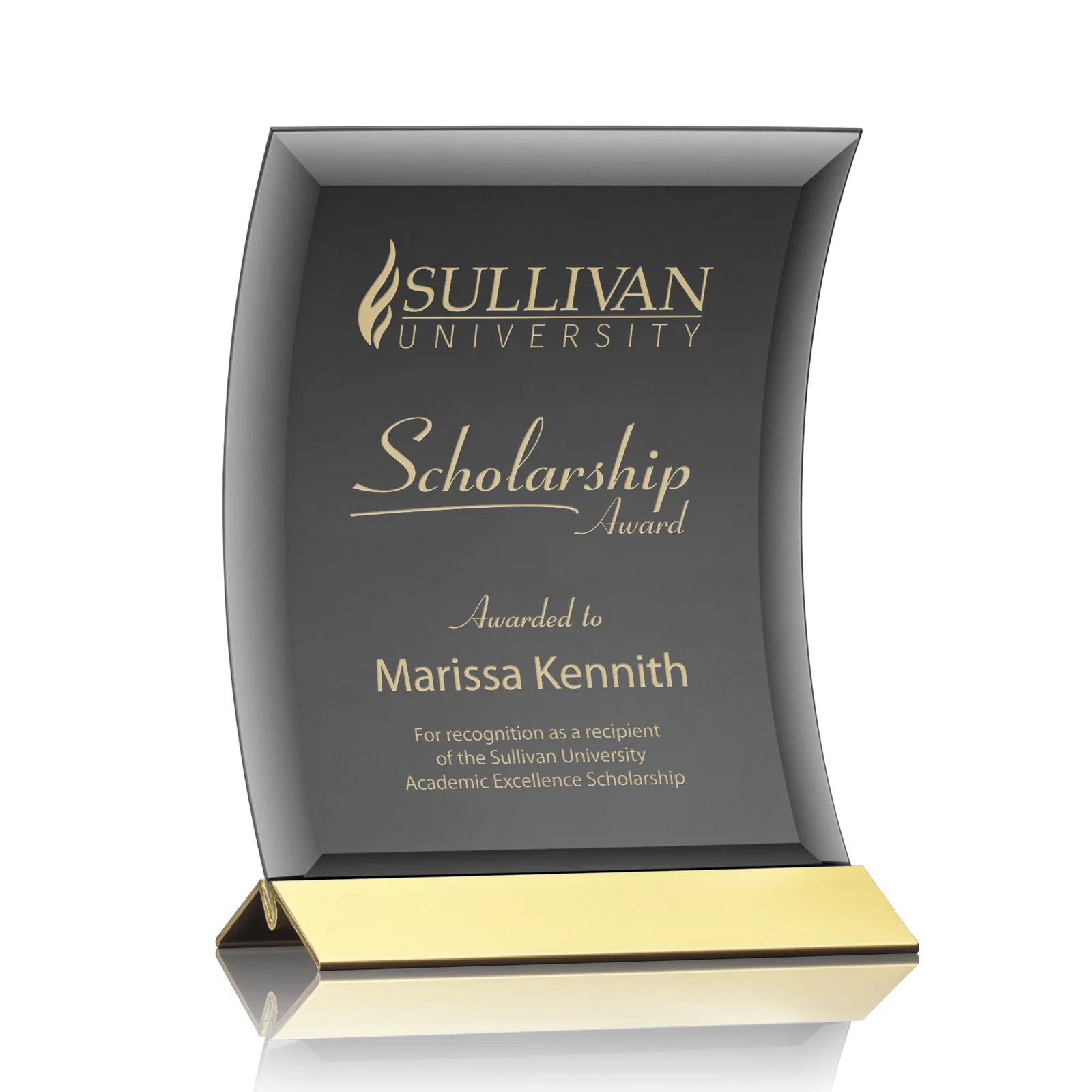 Custom Curved Black Starfire Crystal Panel Award on Metal Base for company anniversary events