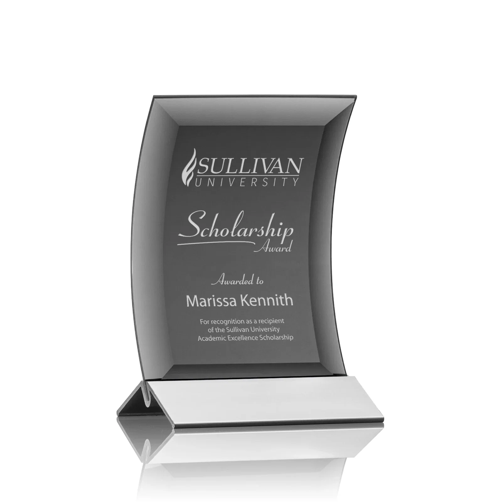 Custom Curved Black Starfire Crystal Panel Award on Metal Base for corporate award ceremonies