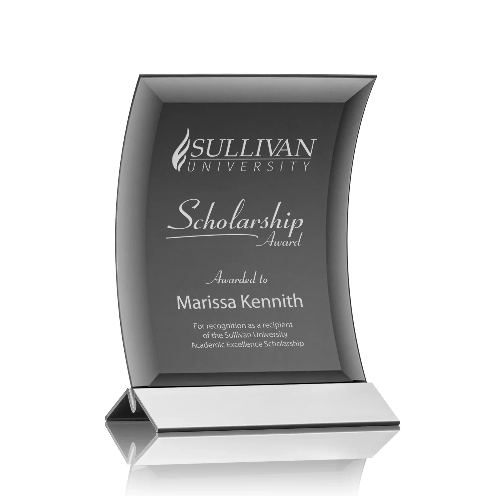 Custom Curved Black Starfire Crystal Panel Award on Metal Base for service anniversary gifts
