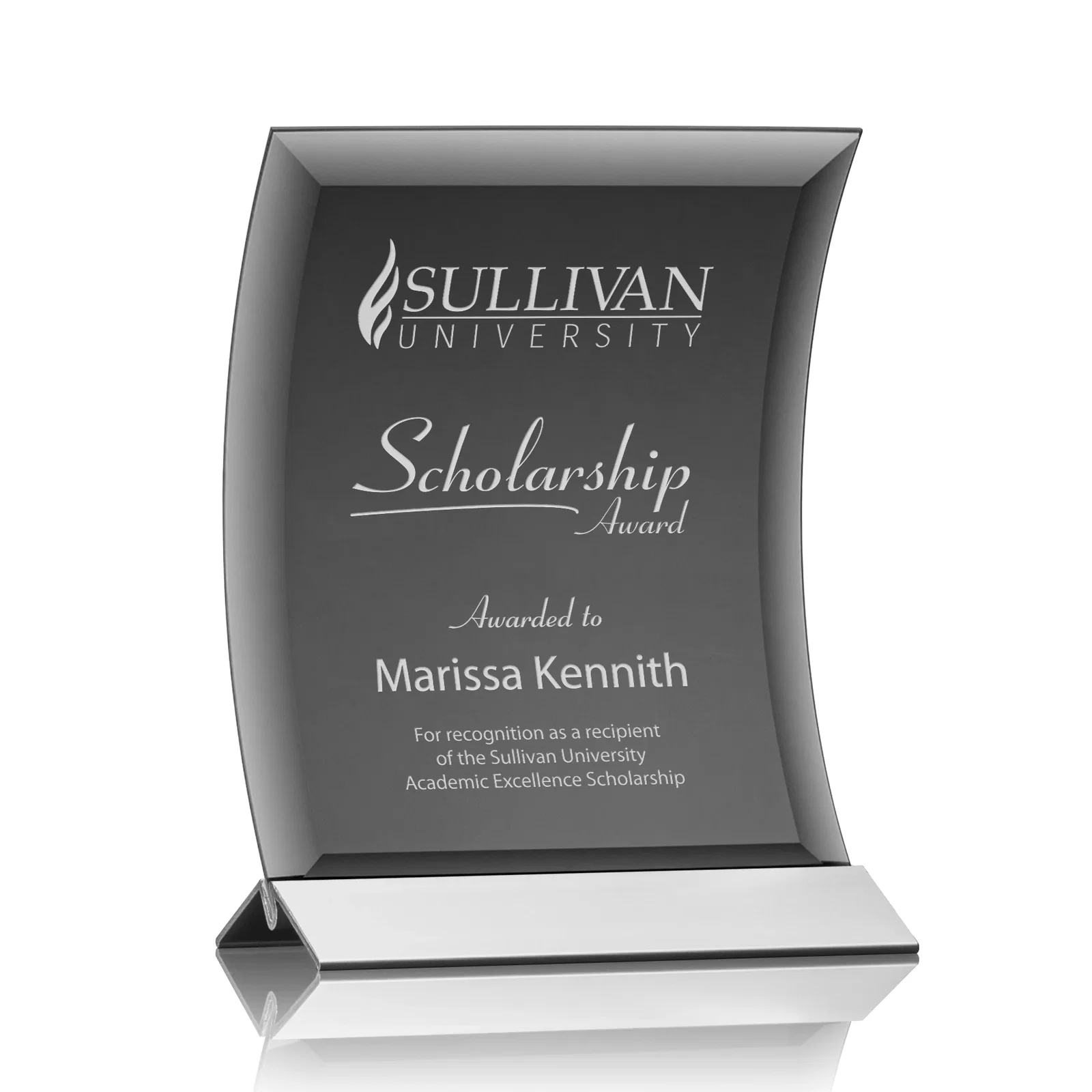 Custom Curved Black Starfire Crystal Panel Award on Metal Base for sales achievement awards