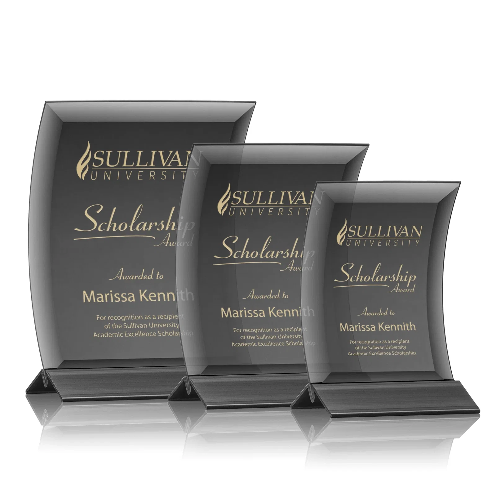 Custom Curved Black Starfire Crystal Panel Award on Metal Base for retirement presentations
