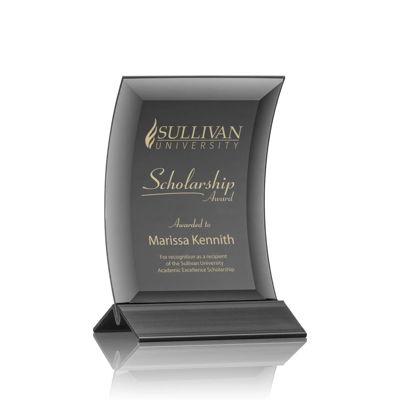 Custom Curved Black Starfire Crystal Panel Award on Metal Base for team milestone celebrations