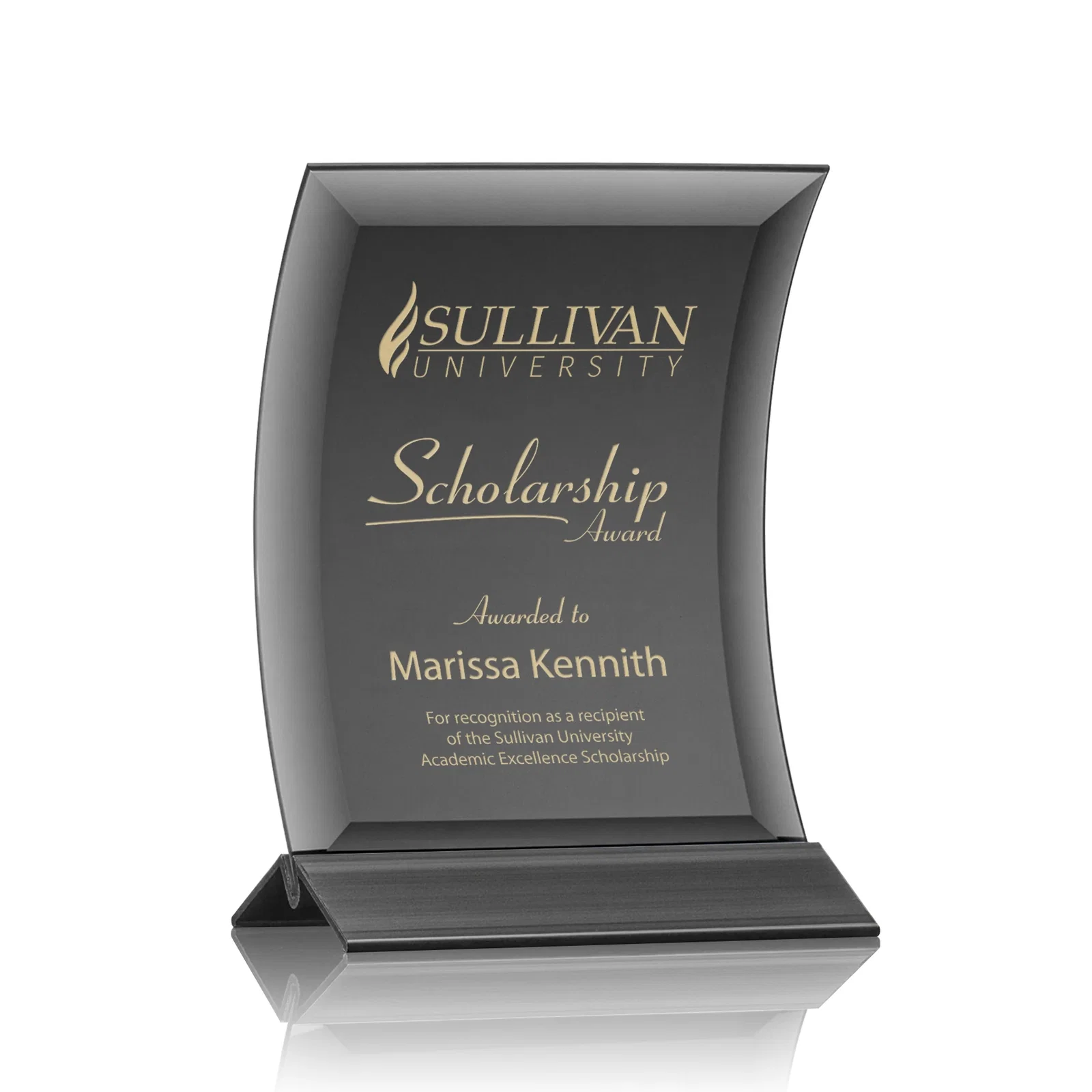 Custom Curved Black Starfire Crystal Panel Award on Metal Base for donor appreciation