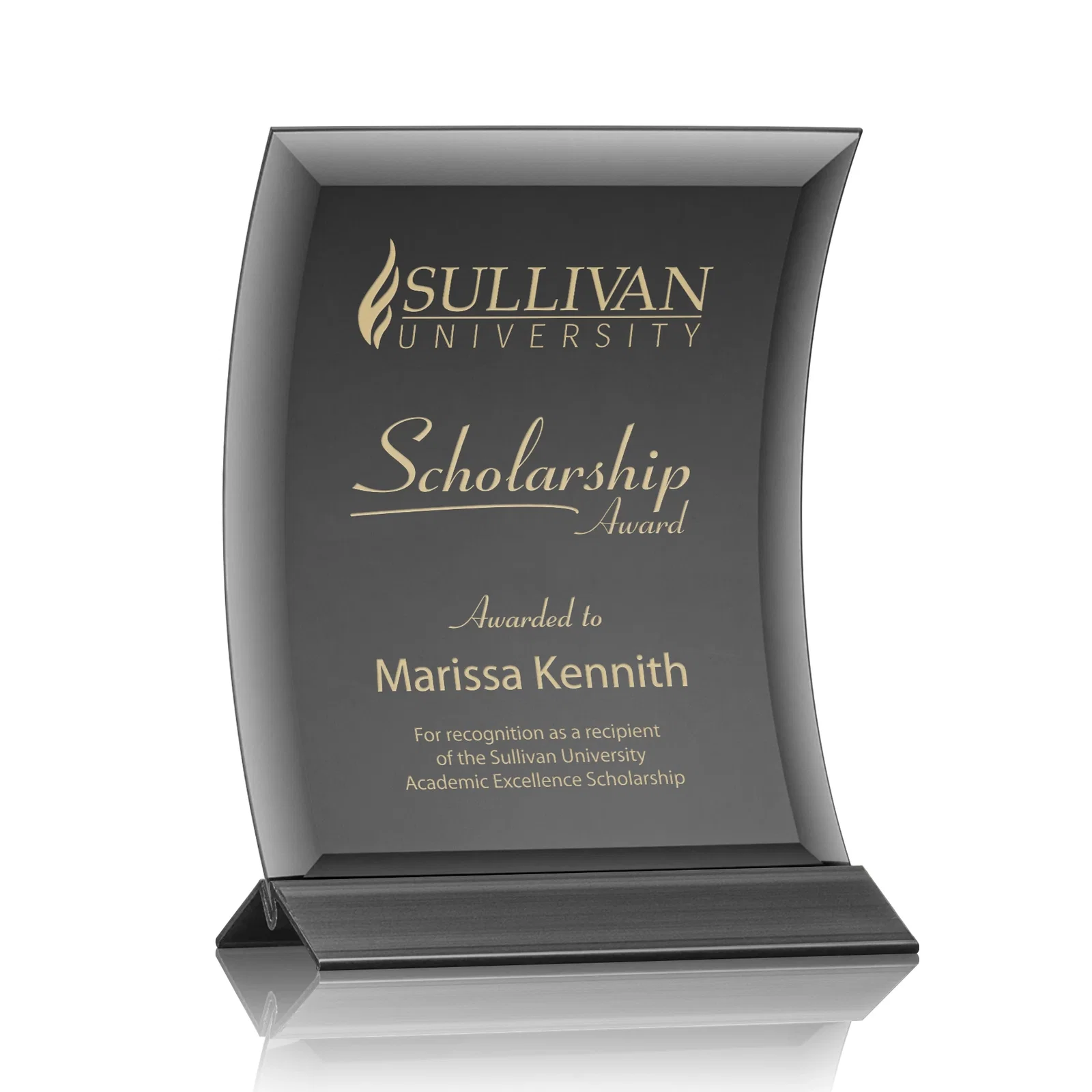 Custom Curved Black Starfire Crystal Panel Award on Metal Base for graduation ceremonies