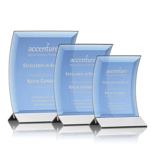 Curved Blue Starfire Crystal Panel Award on Metal Base