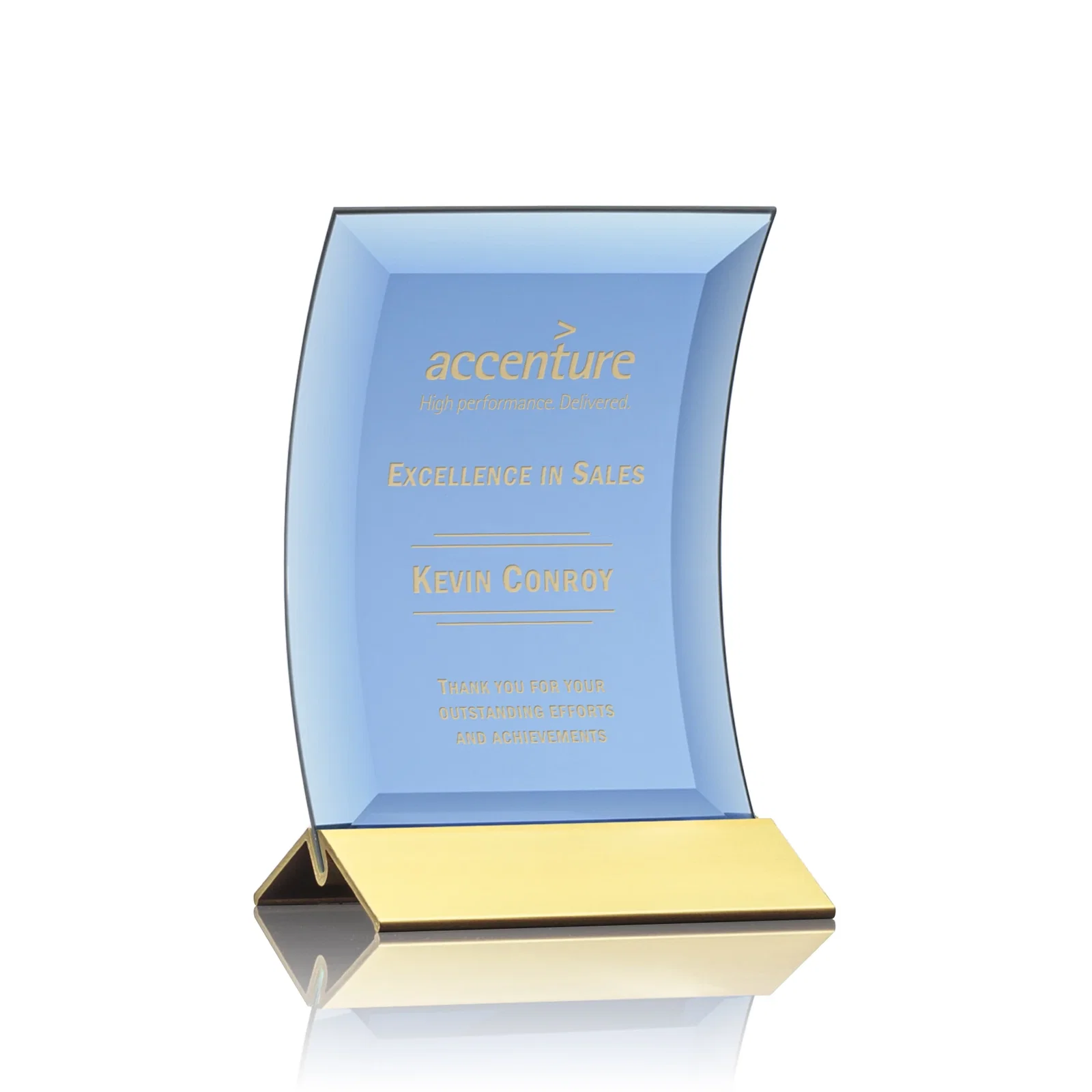Custom Curved Blue Starfire Crystal Panel Award on Metal Base for volunteer appreciation