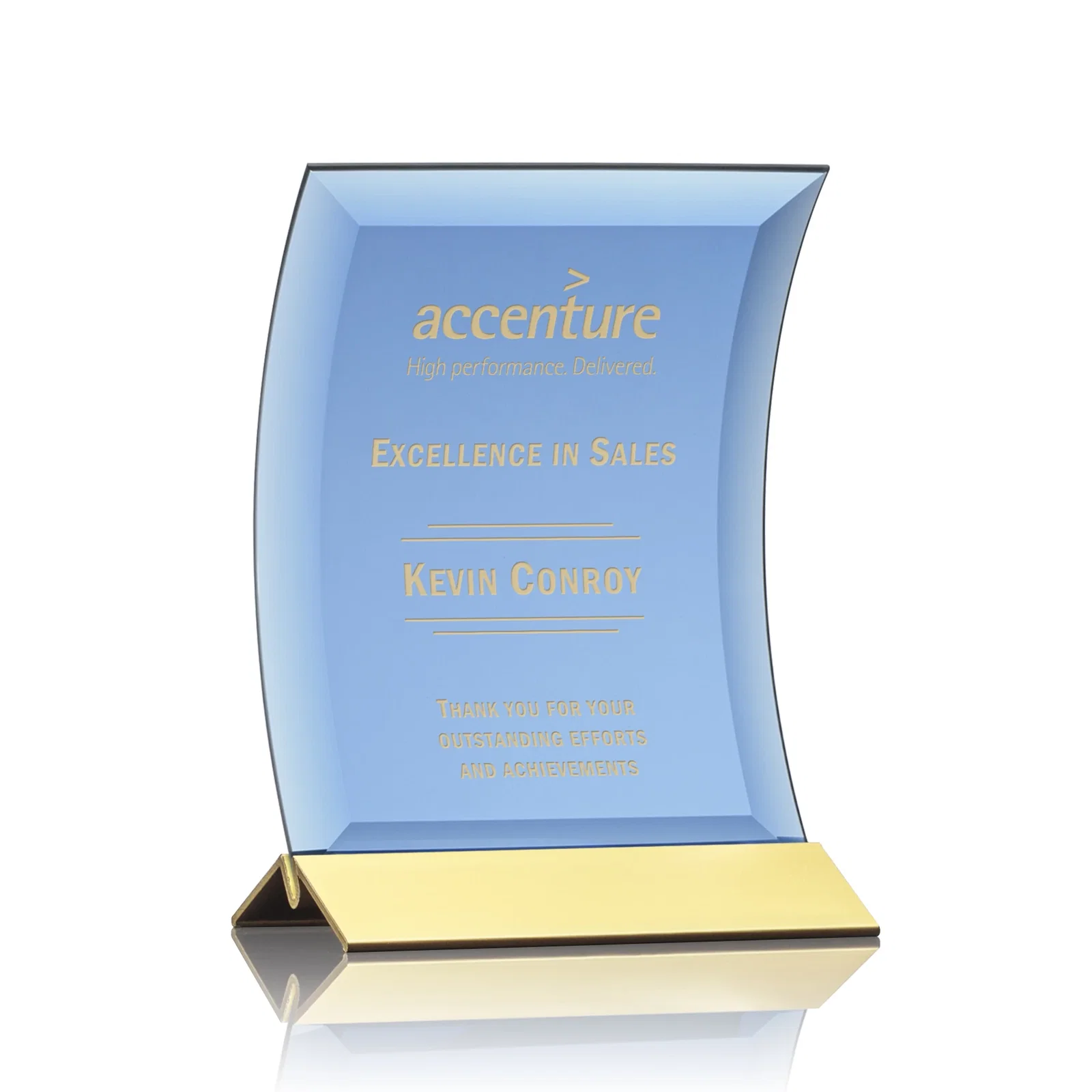 Custom Curved Blue Starfire Crystal Panel Award on Metal Base for dealer and partner awards