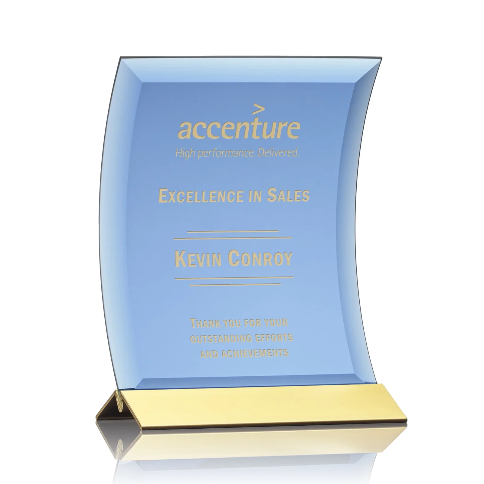 Custom Curved Blue Starfire Crystal Panel Award on Metal Base for company anniversary events