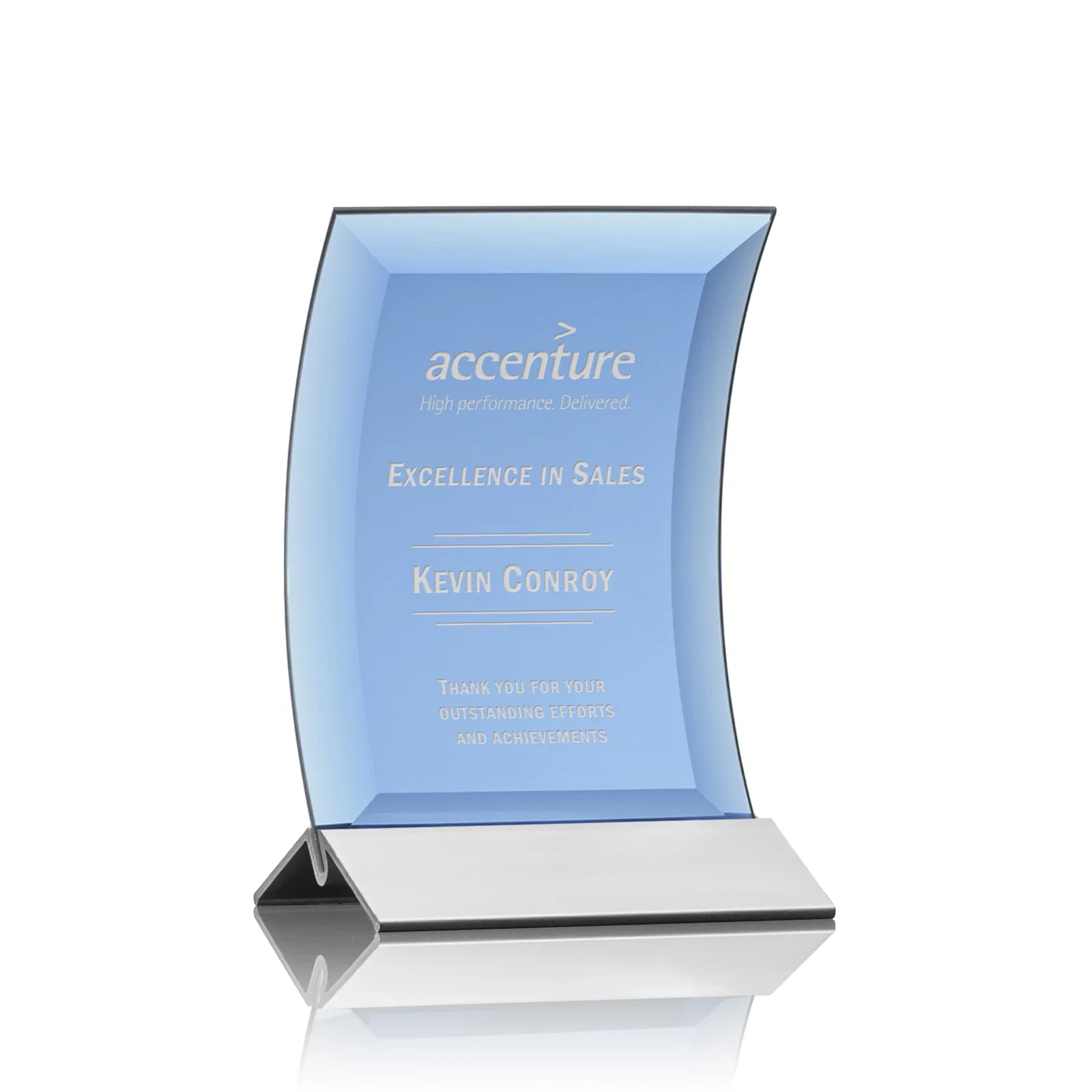 Custom Curved Blue Starfire Crystal Panel Award on Metal Base for corporate award ceremonies