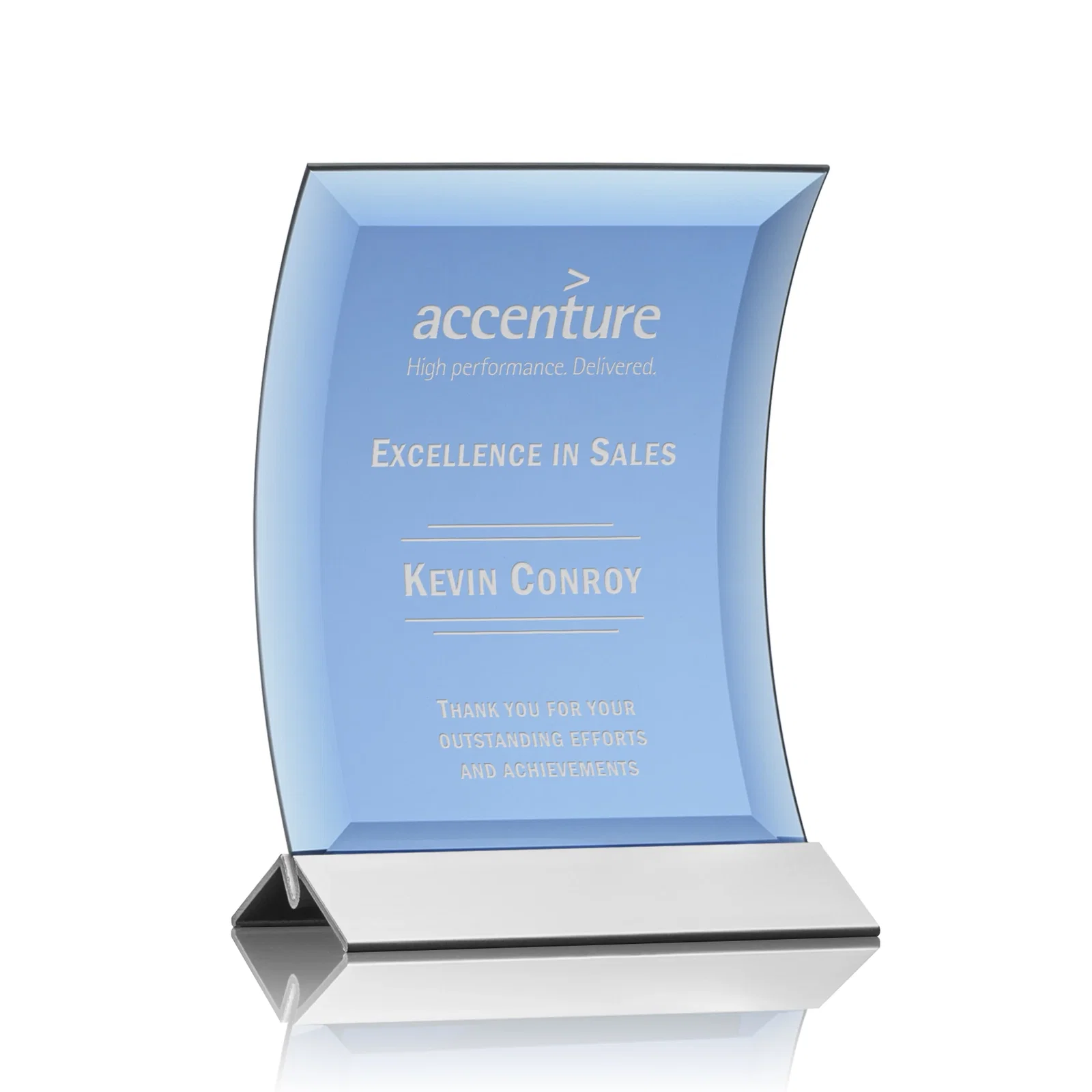 Custom Curved Blue Starfire Crystal Panel Award on Metal Base for service anniversary gifts