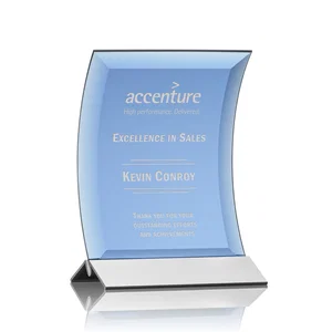 Curved Blue Starfire Crystal Panel Award on Metal Base