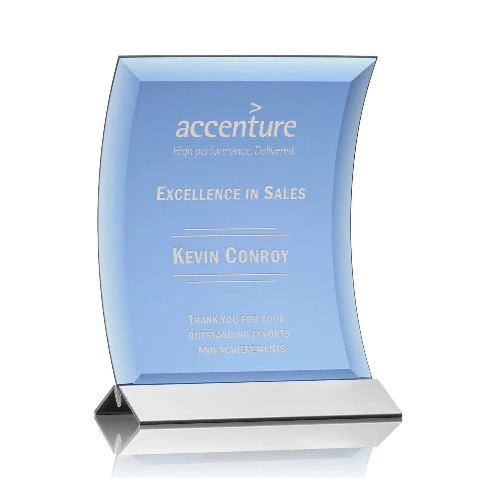 Custom Curved Blue Starfire Crystal Panel Award on Metal Base for sales achievement awards