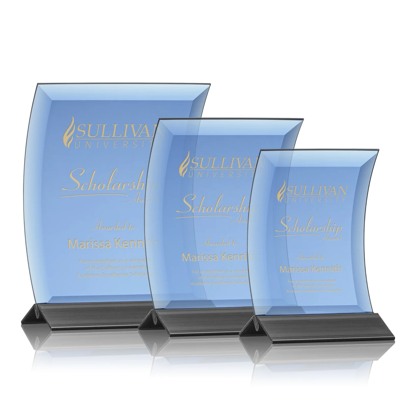 Custom Curved Blue Starfire Crystal Panel Award on Metal Base for retirement presentations