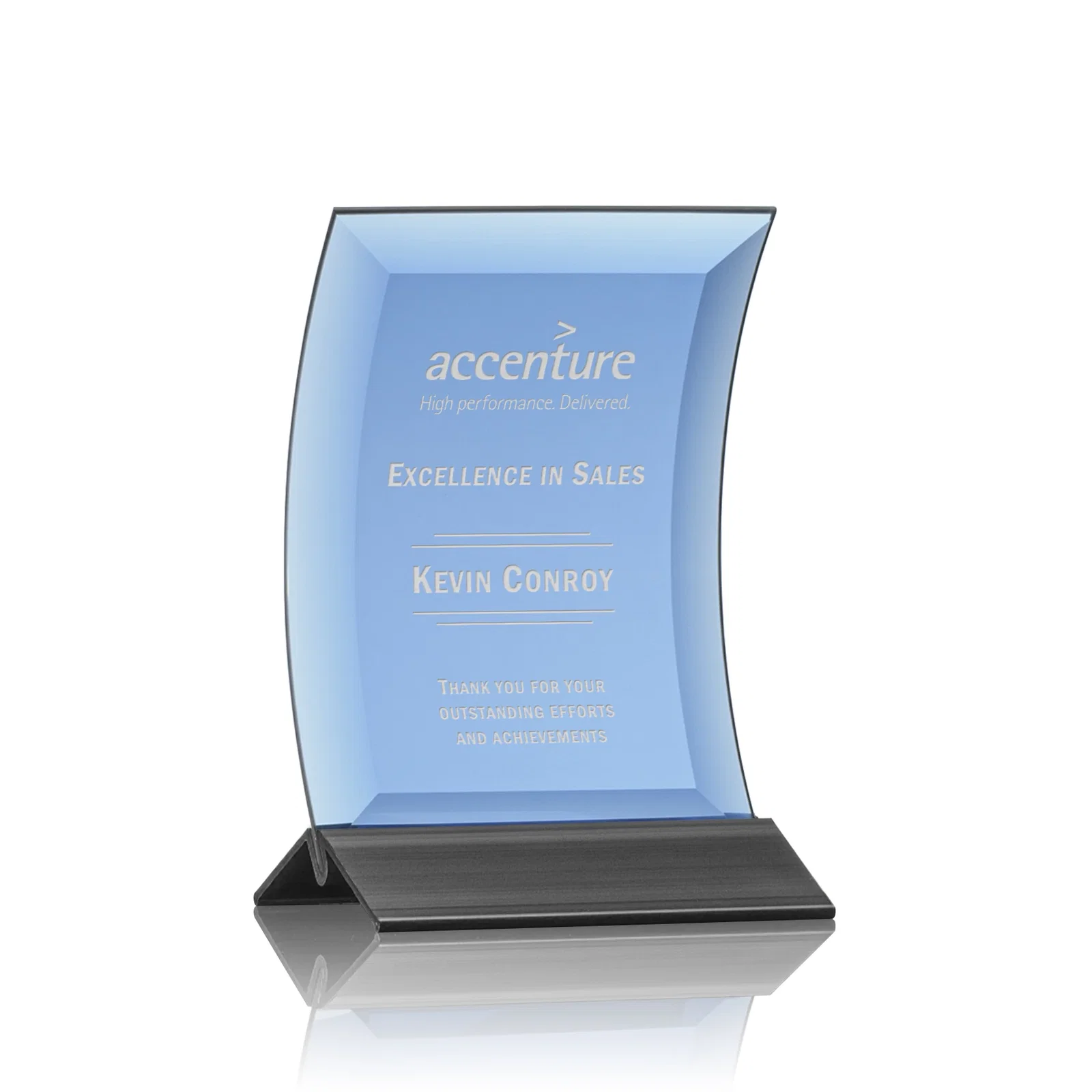 Custom Curved Blue Starfire Crystal Panel Award on Metal Base for team milestone celebrations