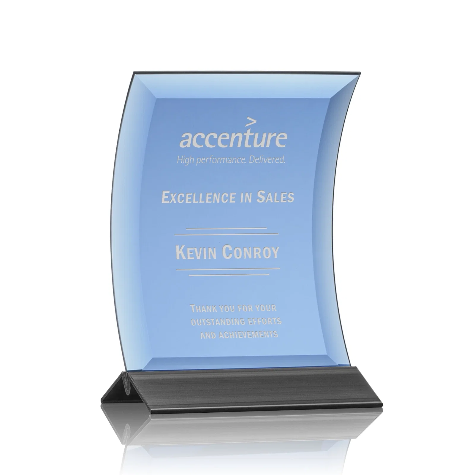 Custom Curved Blue Starfire Crystal Panel Award on Metal Base for donor appreciation