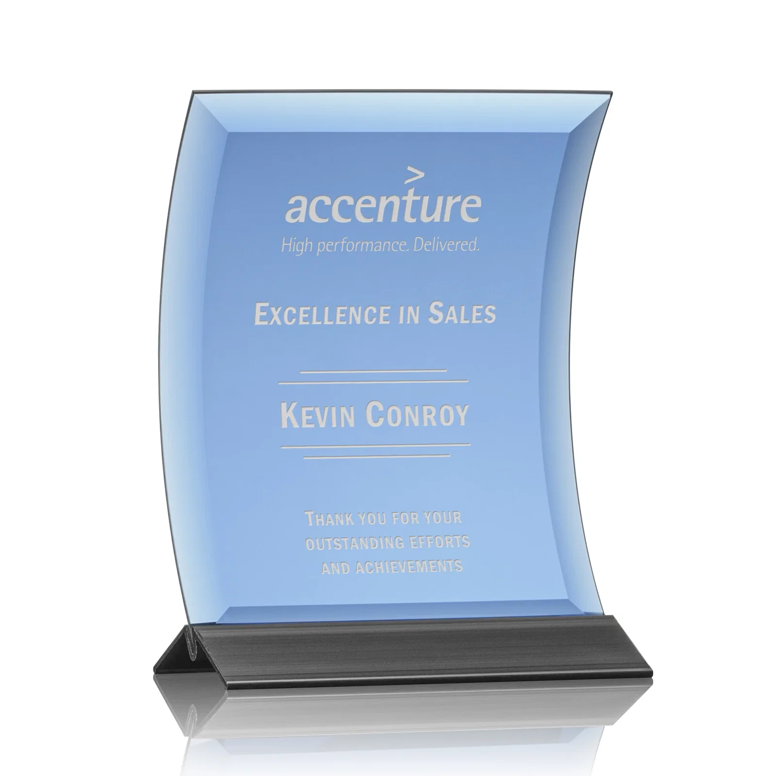 Custom Curved Blue Starfire Crystal Panel Award on Metal Base for graduation ceremonies
