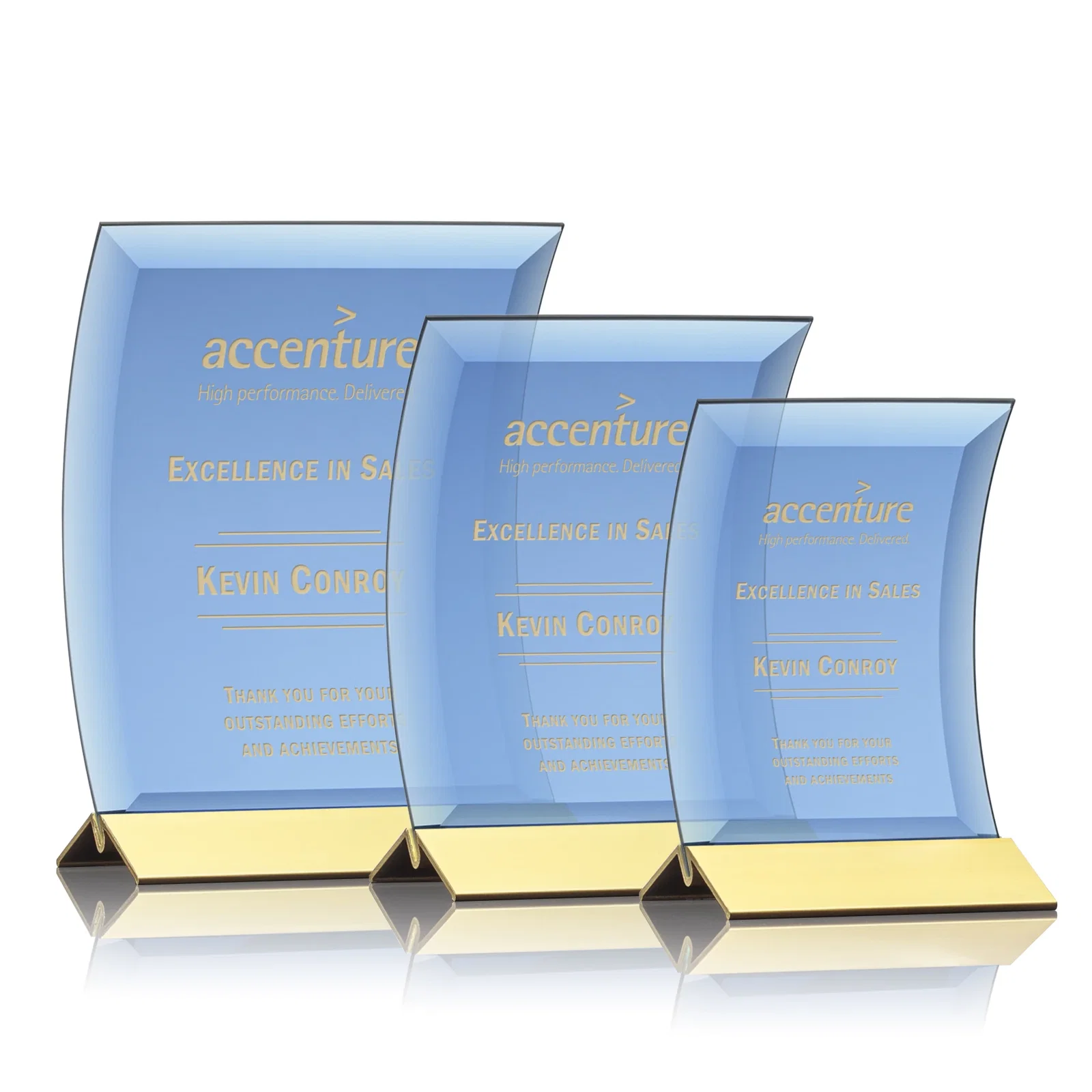 Custom Curved Blue Starfire Crystal Panel Award on Metal Base for safety achievement programs