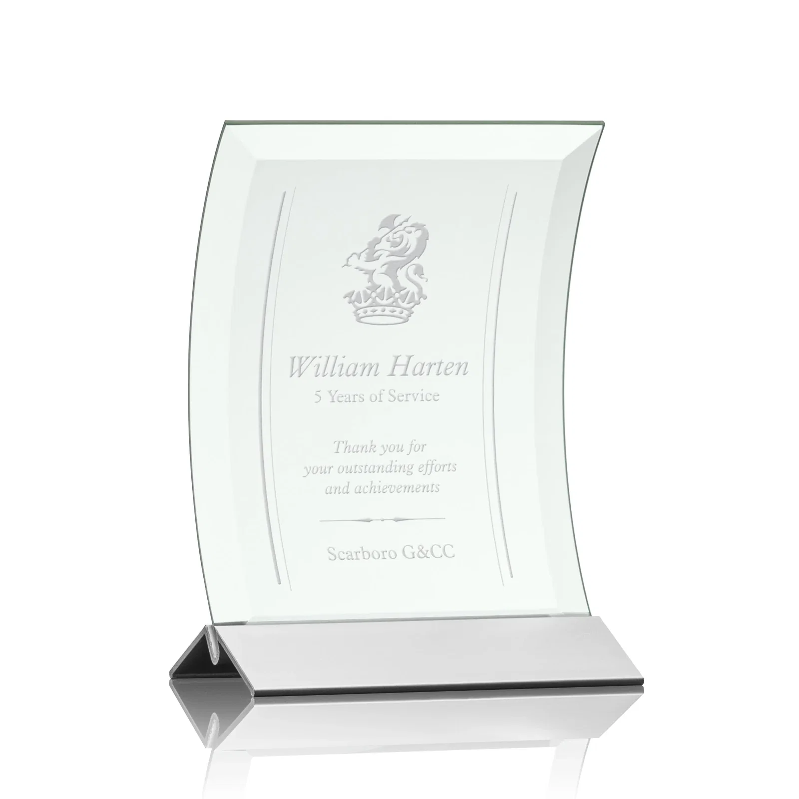 Custom Jade Glass Panel Award With A Full-Width Curve for service anniversary gifts