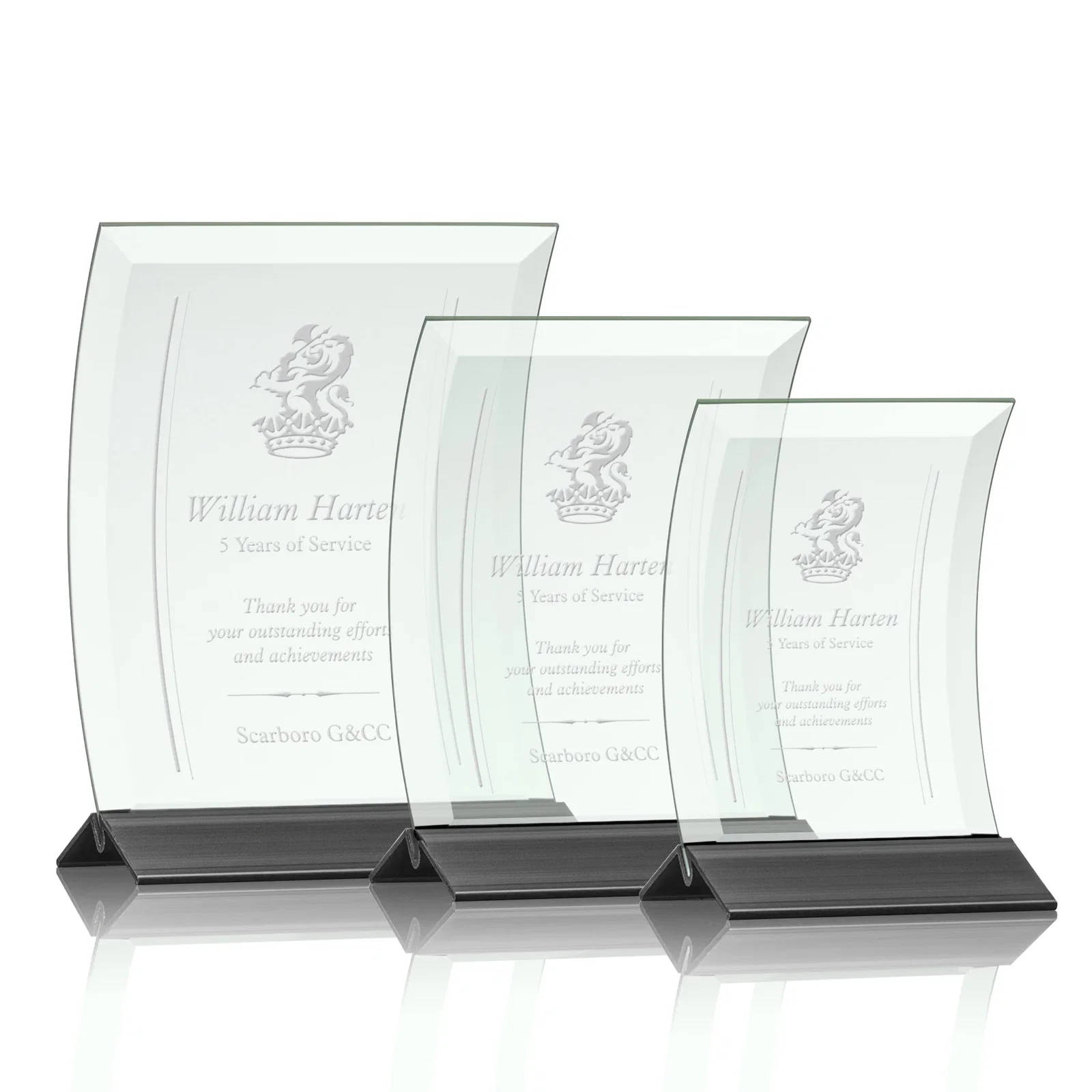 Custom Jade Glass Panel Award With A Full-Width Curve for retirement presentations