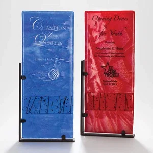 Glass Award in Cobalt or Crimson on Steel L-Bracket Stand