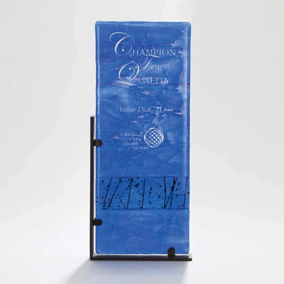 Custom Glass Award in Cobalt or Crimson on Steel L-Bracket Stand for corporate award ceremonies