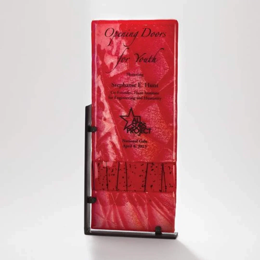 Custom Glass Award in Cobalt or Crimson on Steel L-Bracket Stand for service anniversary gifts
