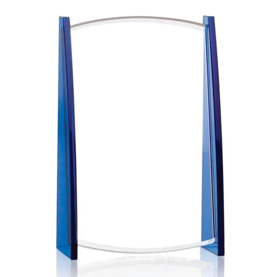 Custom Starfire Crystal Rectangle Award Suspended on Azure Triangle Supports for sales achievement awards