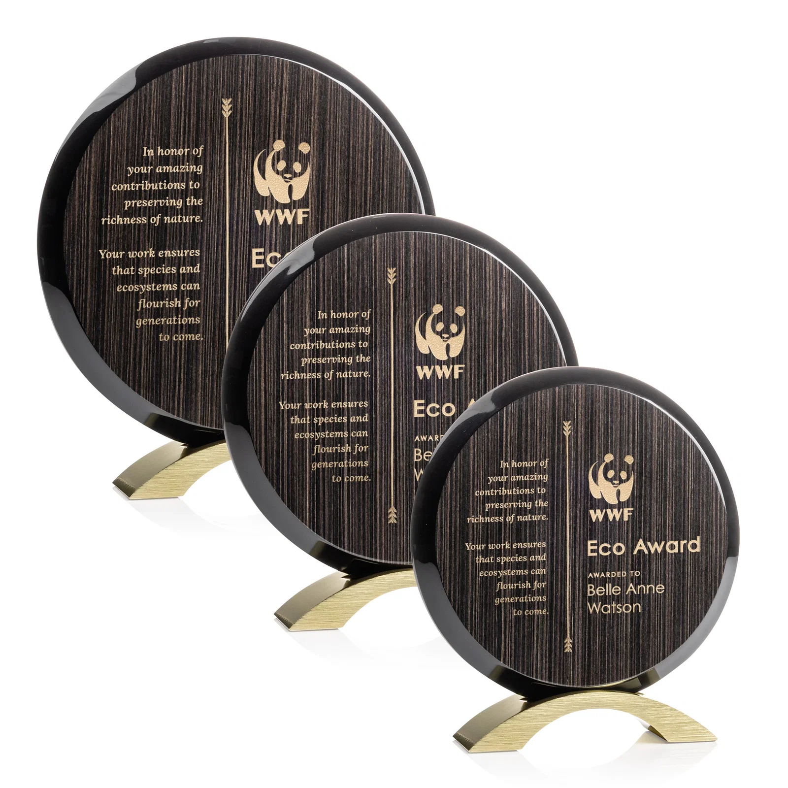 Custom Slatewood Composite Circle Award with Deep Woodgrain Backdrop for employee recognition
