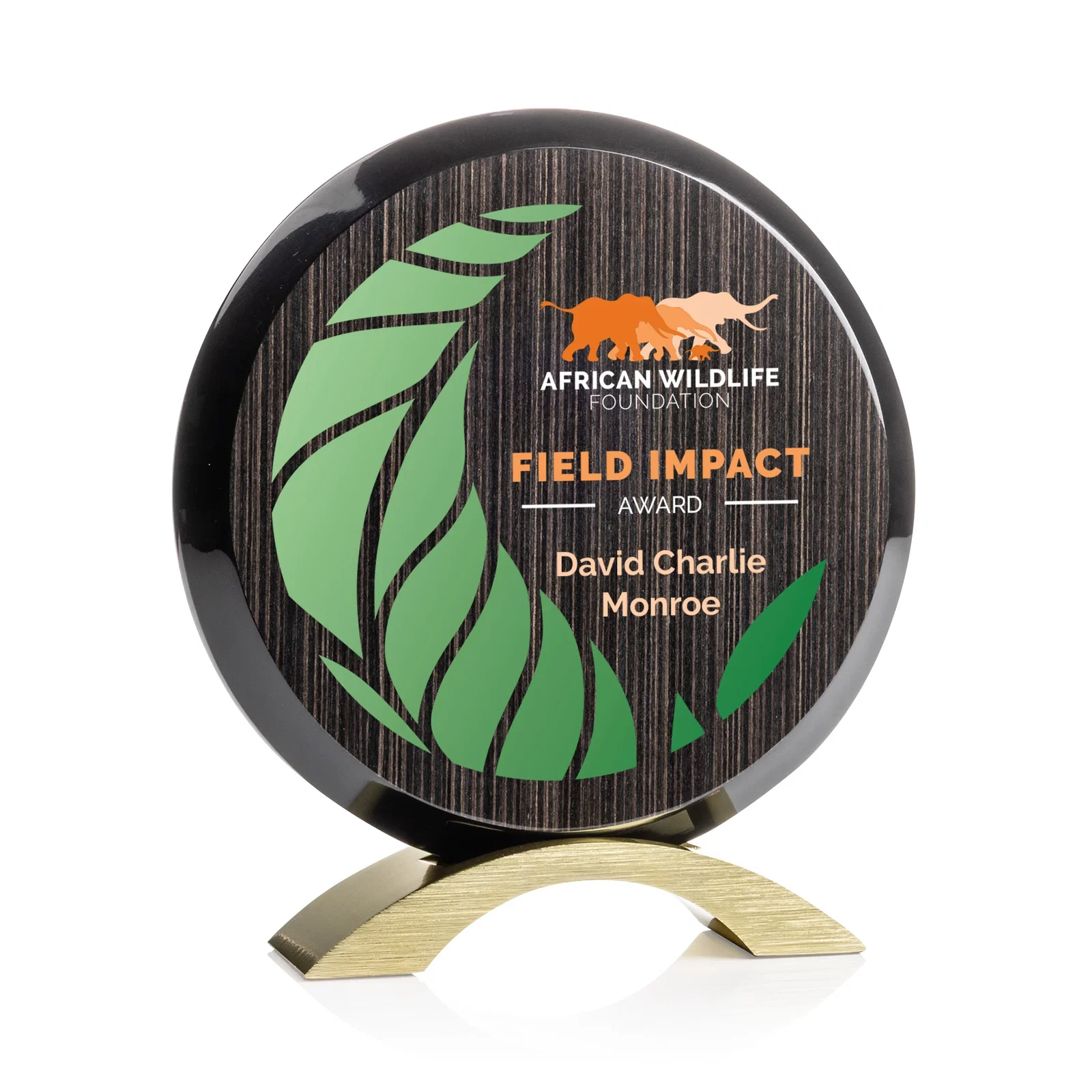 Custom Slatewood Composite Circle Award with Deep Woodgrain Backdrop for volunteer appreciation