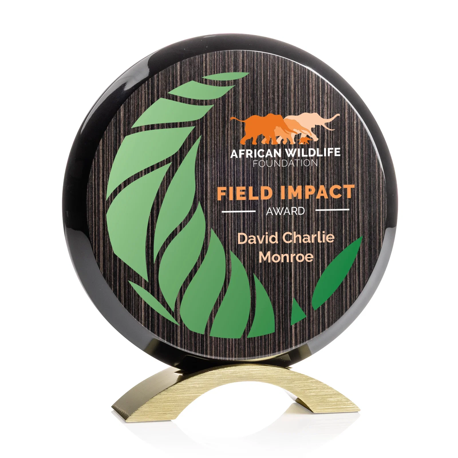 Custom Slatewood Composite Circle Award with Deep Woodgrain Backdrop for dealer and partner awards