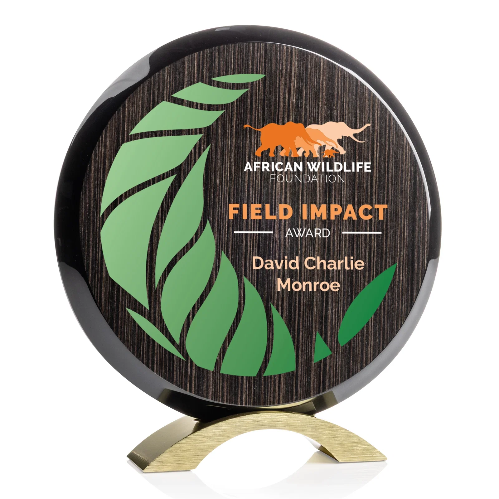 Custom Slatewood Composite Circle Award with Deep Woodgrain Backdrop for company anniversary events