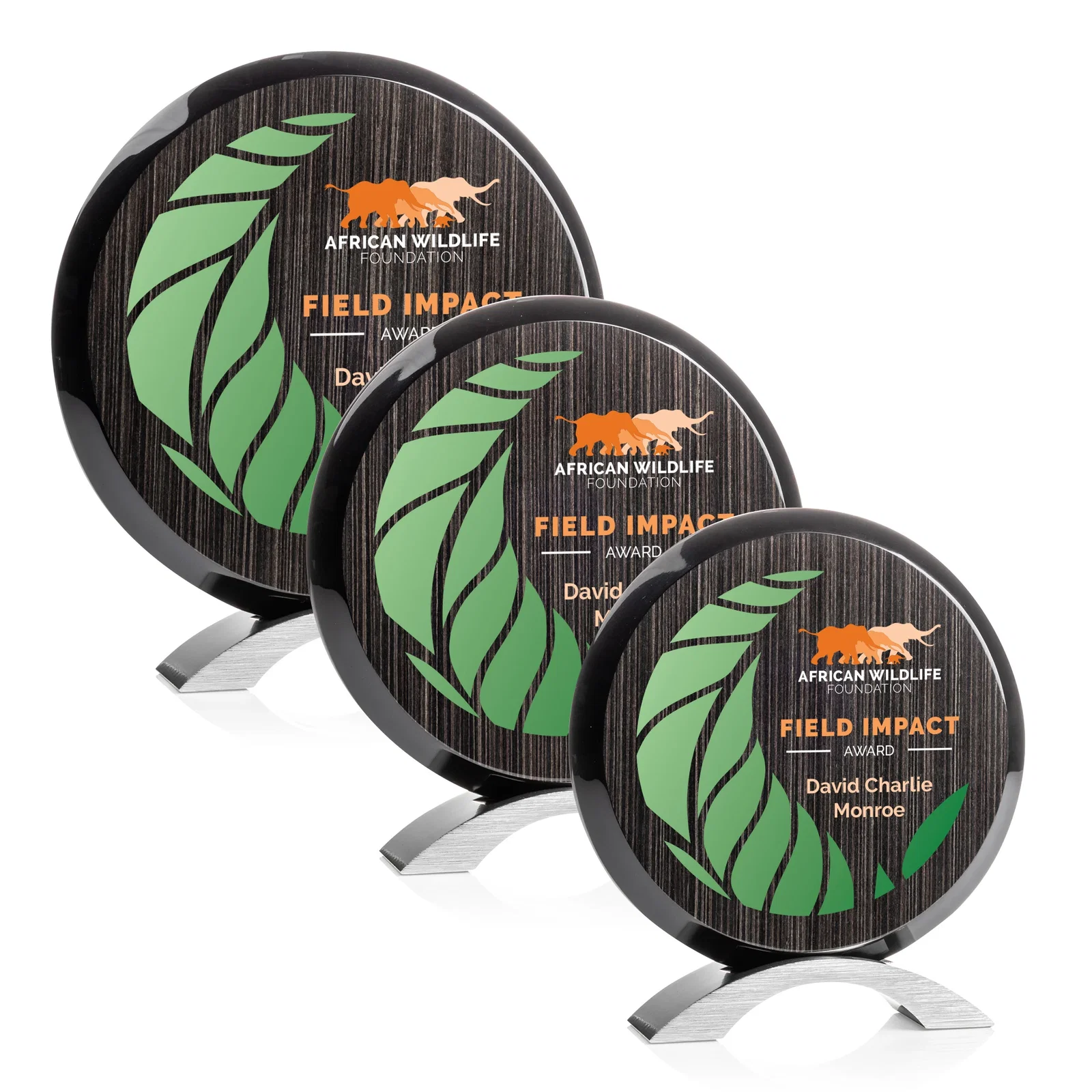 Personalized Slatewood Composite Circle Award with Deep Woodgrain Backdrop for employee recognition