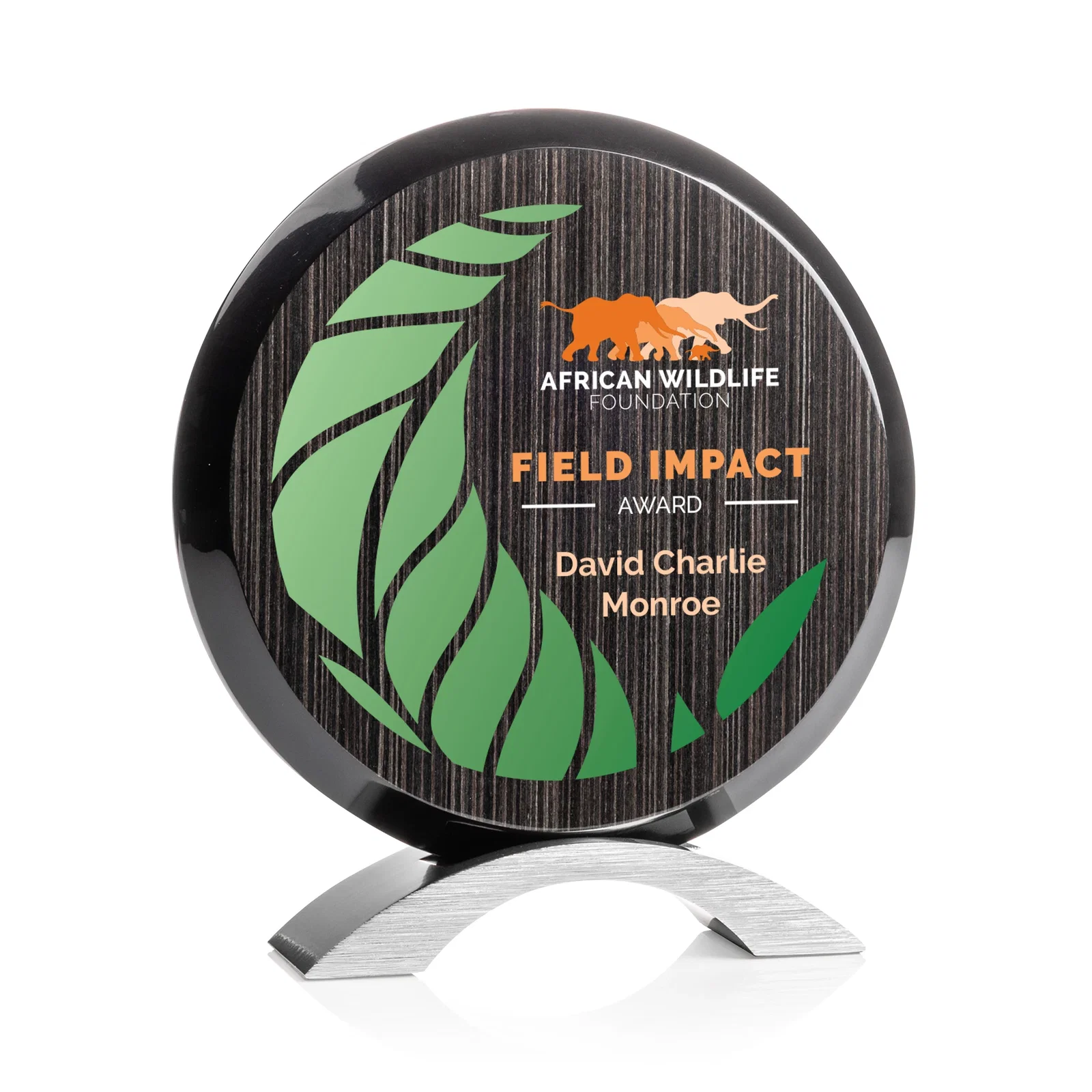 Personalized Slatewood Composite Circle Award with Deep Woodgrain Backdrop for corporate award ceremonies