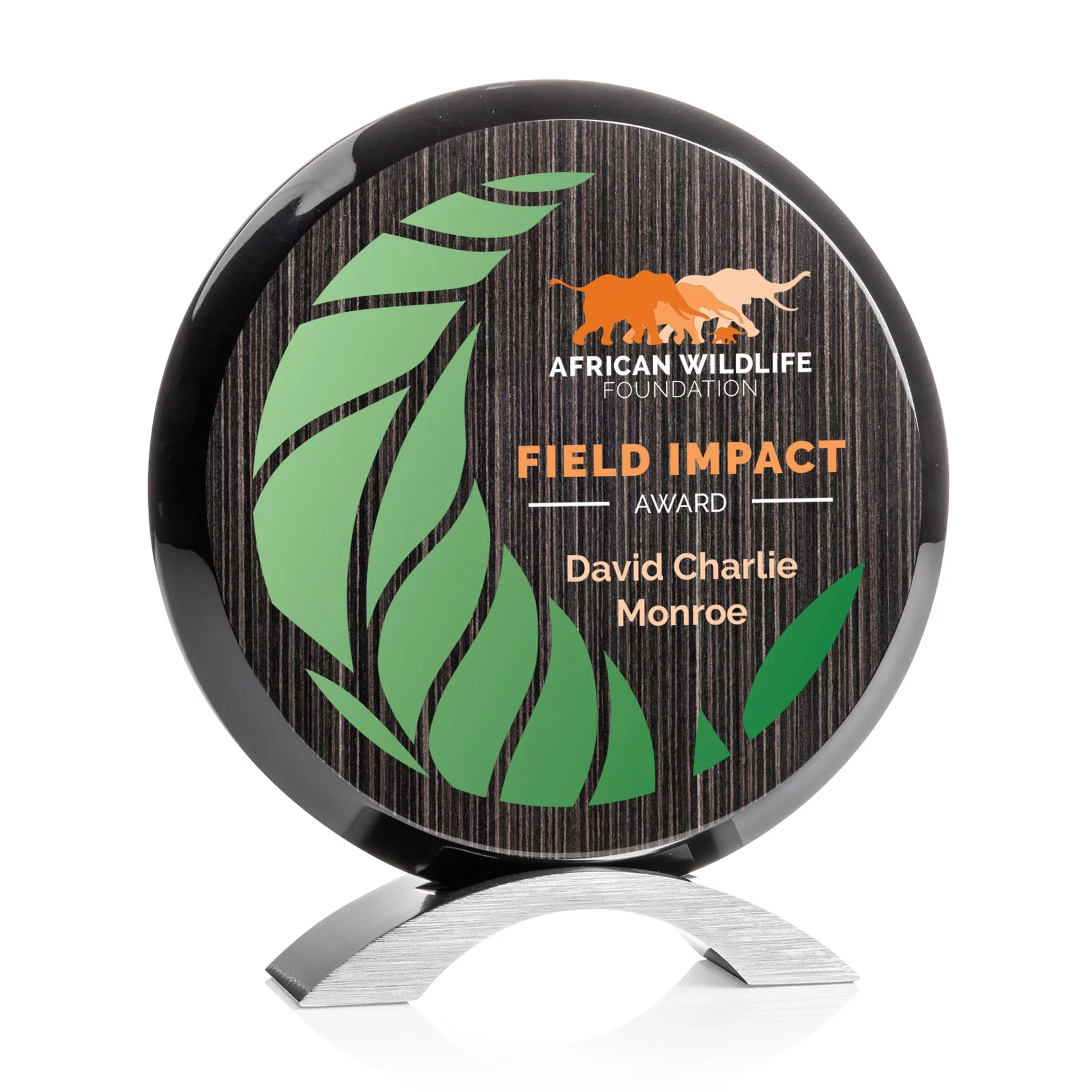 Personalized Slatewood Composite Circle Award with Deep Woodgrain Backdrop for service anniversary gifts
