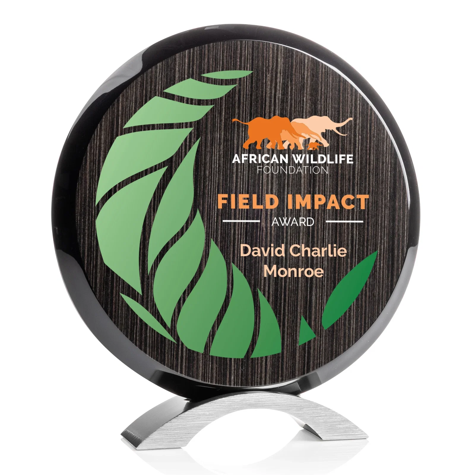 Personalized Slatewood Composite Circle Award with Deep Woodgrain Backdrop for sales achievement awards