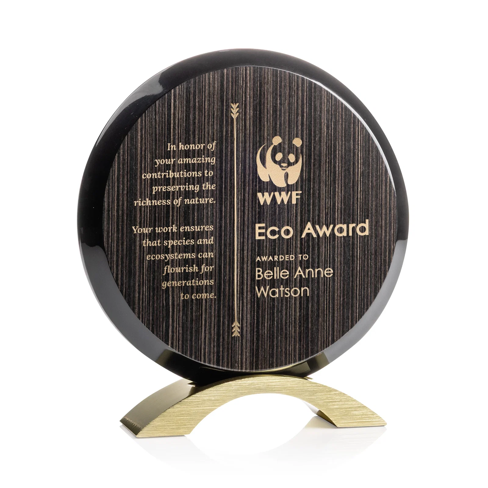 Custom Slatewood Composite Circle Award with Deep Woodgrain Backdrop for corporate award ceremonies