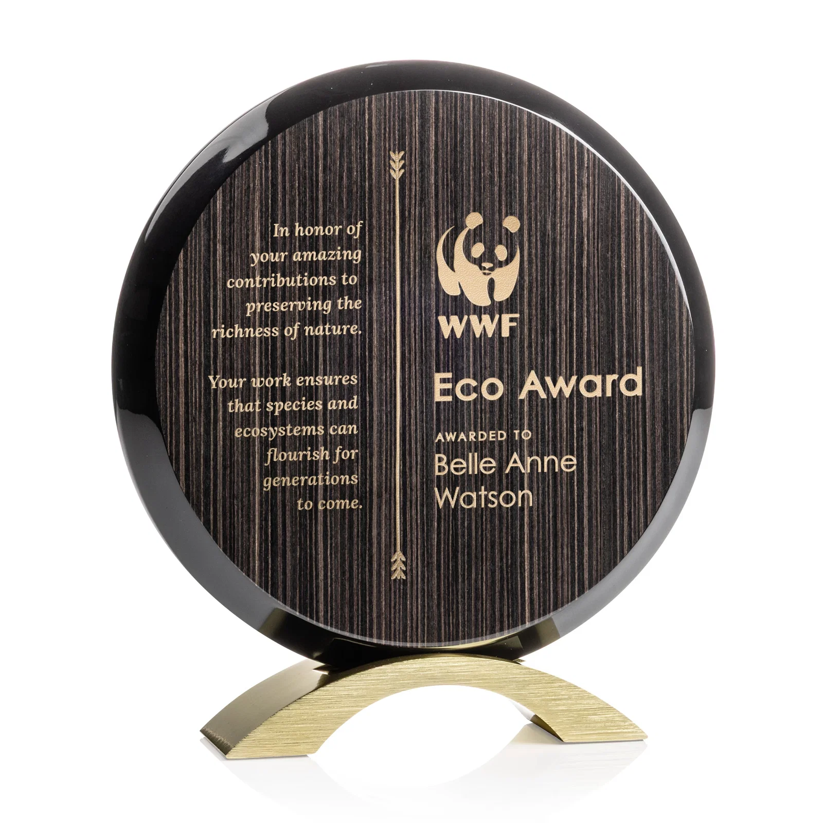 Custom Slatewood Composite Circle Award with Deep Woodgrain Backdrop for service anniversary gifts