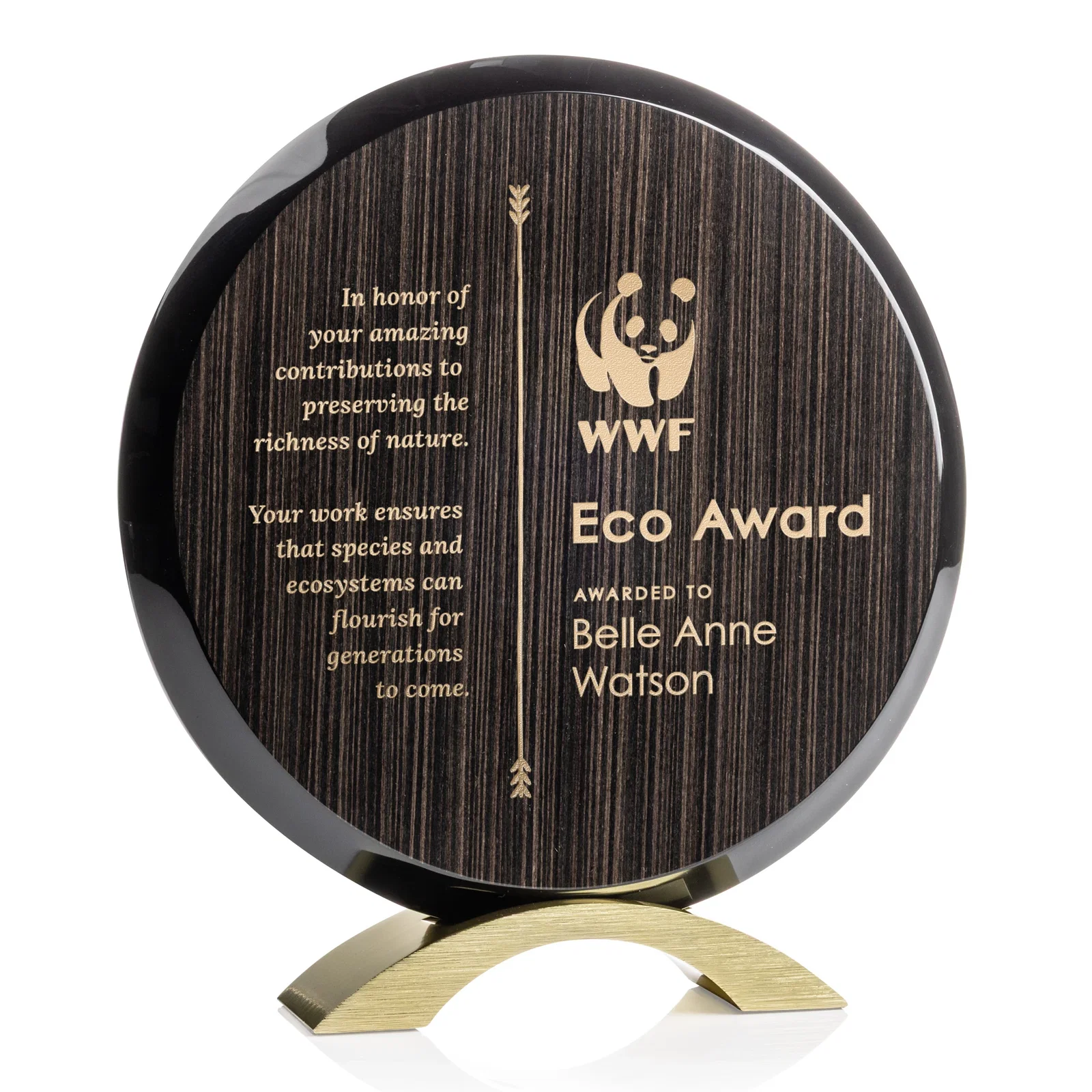 Custom Slatewood Composite Circle Award with Deep Woodgrain Backdrop for sales achievement awards