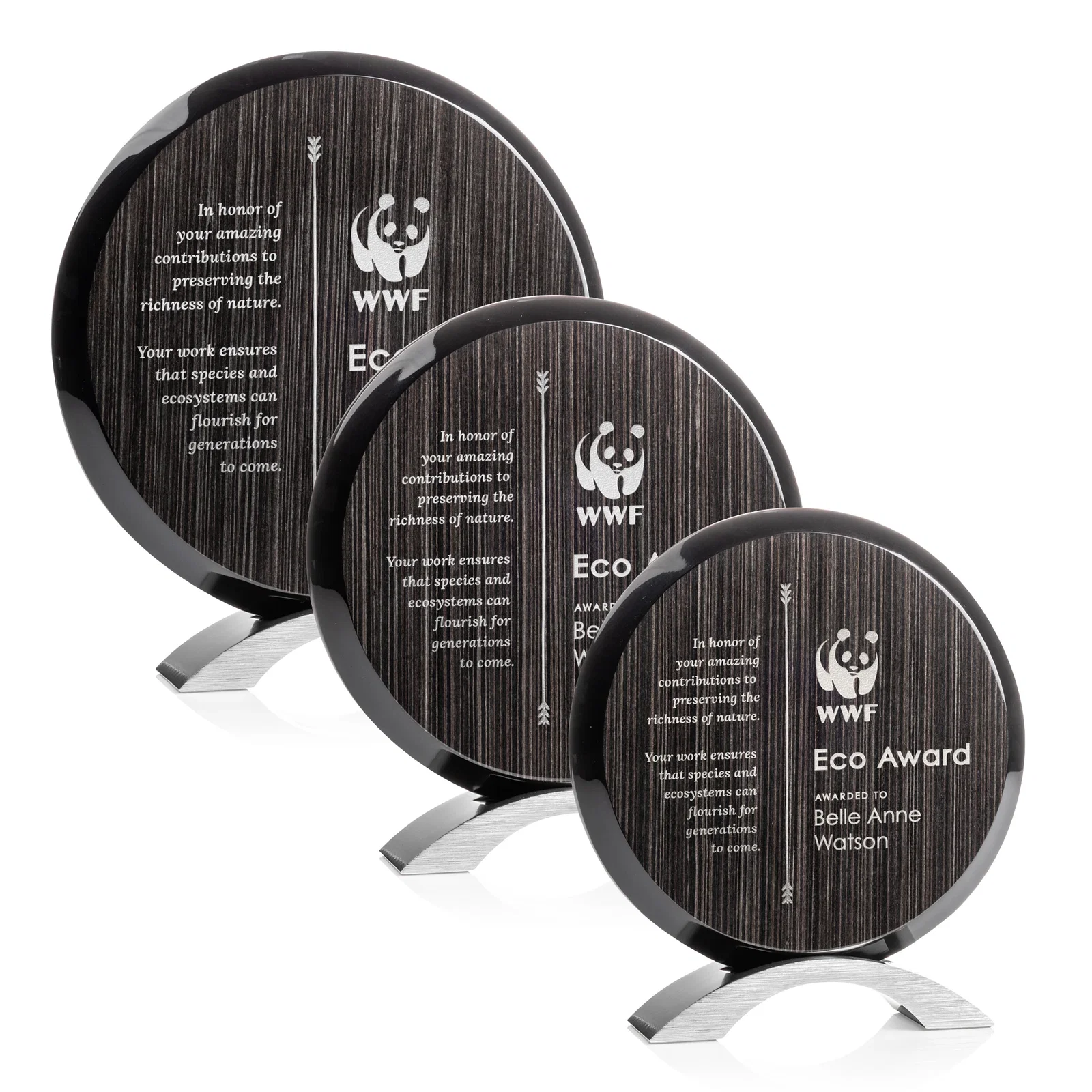 Custom Slatewood Composite Circle Award with Deep Woodgrain Backdrop for retirement presentations
