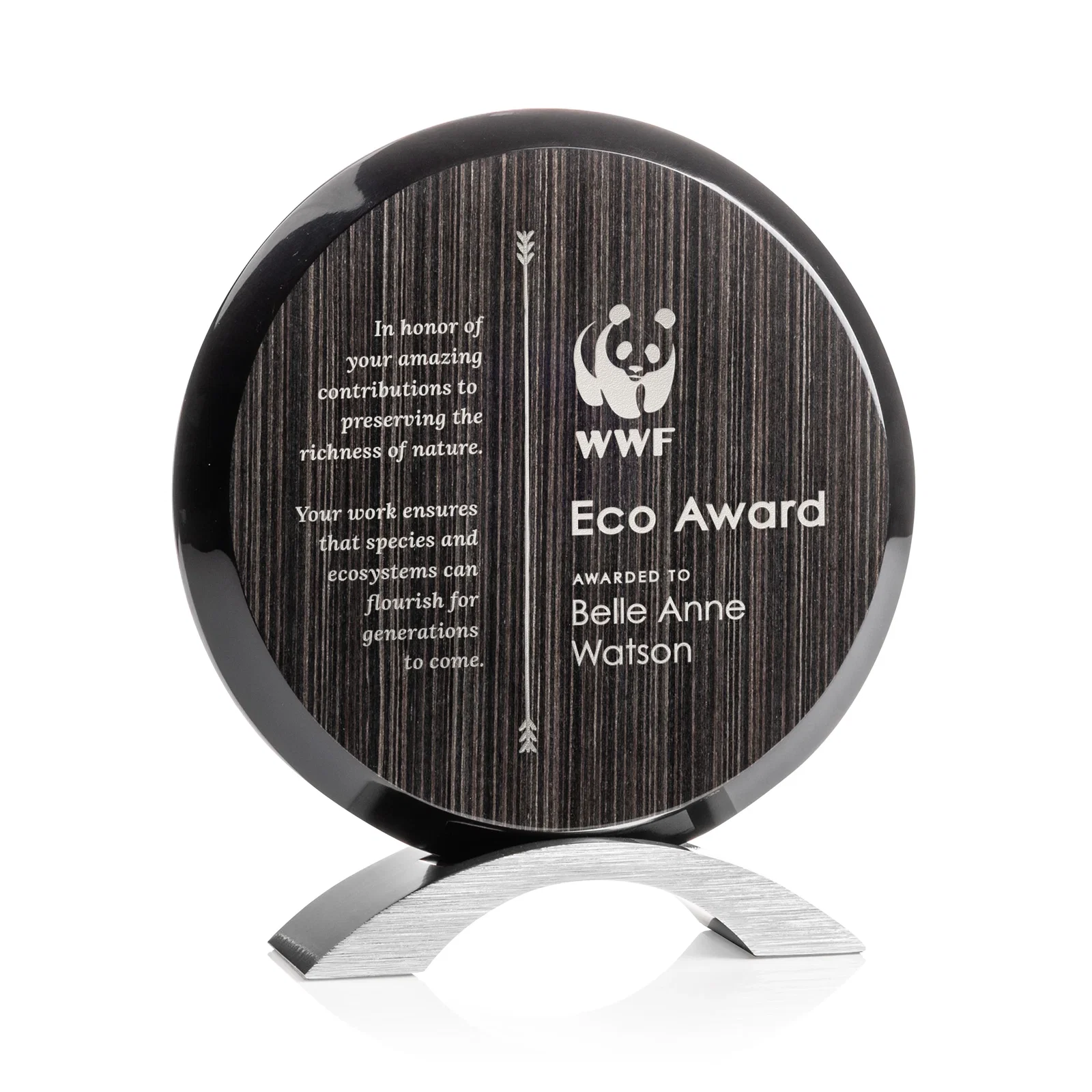 Custom Slatewood Composite Circle Award with Deep Woodgrain Backdrop for team milestone celebrations