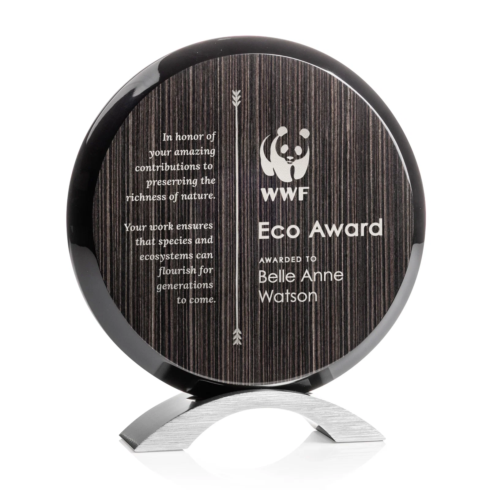 Custom Slatewood Composite Circle Award with Deep Woodgrain Backdrop for donor appreciation