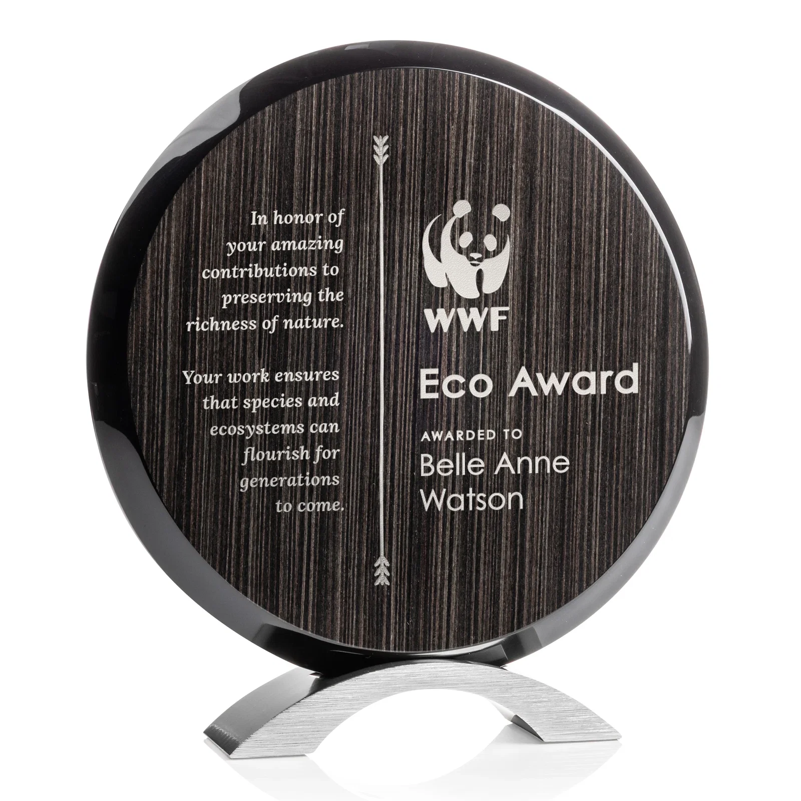 Custom Slatewood Composite Circle Award with Deep Woodgrain Backdrop for graduation ceremonies